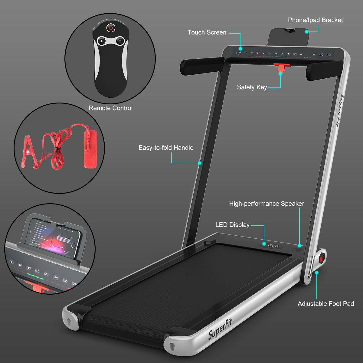 SuperFit Up To 7.5MPH 2.25HP 2 in 1 Dual Display Screen Folding Treadmill Jogging Machine W/APP Control Silver - image 5 of 10
