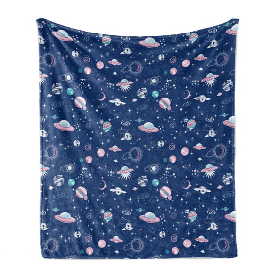 Blue Sky Soft Flannel Fleece Blanket, Abstract Saturn UFO Aliens Galaxy Planets Clouds on Dark Tone Background, Cozy Plush for Indoor and Outdoor Use, 60" x 80", Dark Sky Blue White, by Ambesonne