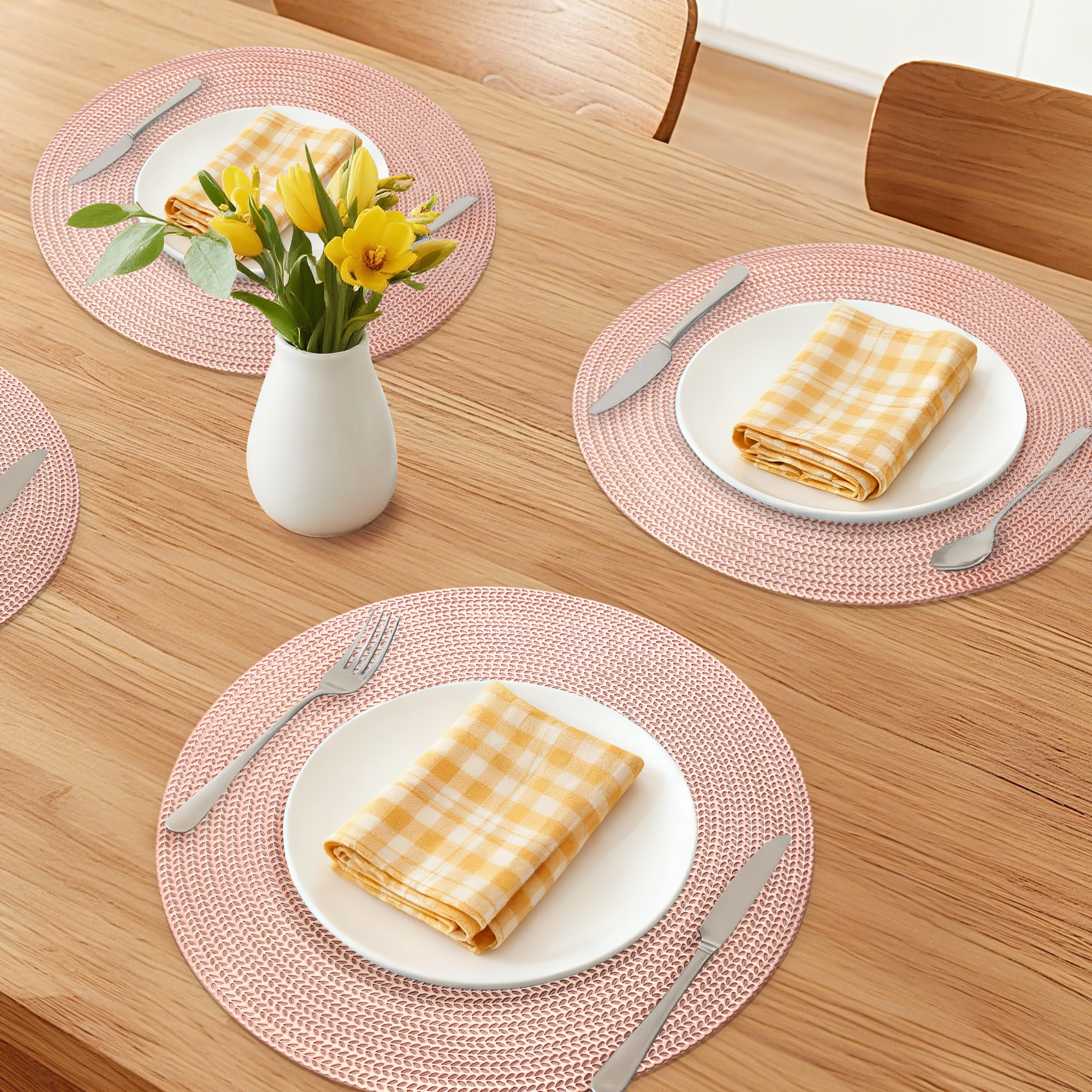 Unique Bargains Set of 6 Round Washable Hollow Design Placemats Rose Gold