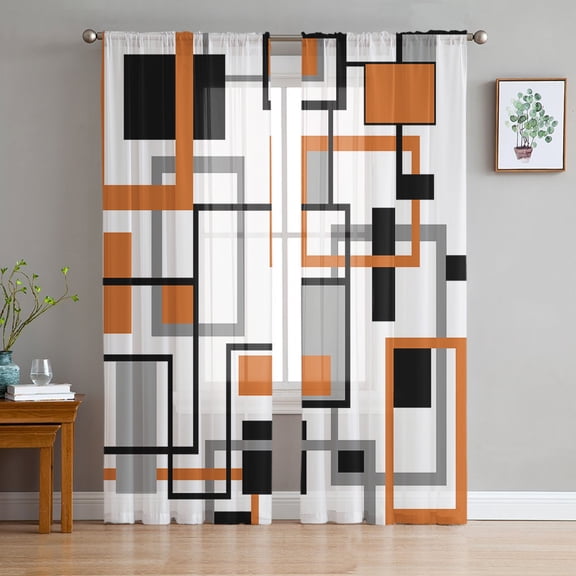Orange Geometry, Semi Sheer Curtains 84 Inch Length 2 Panels Set, Retro Modern Abstract Middle Century Sheer Kitchen Curtain Privacy Voile Window Curtain for Living Room Bedroom Rod Pocket Drapes