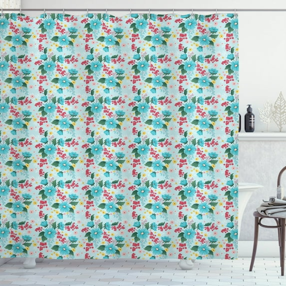 Botanical Shower Curtain, Spring Foliage with Berries Flowers Retro Foliage Inspirational Gardening Theme, Fabric Bathroom Set with Hooks, 69W X 75L Inches Long, Multicolor, by Ambesonne