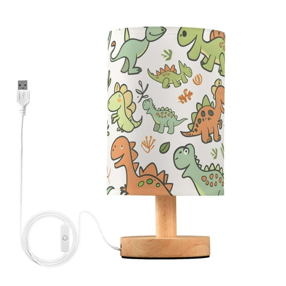 Cartoon Dinosaurs Leaves Table Lamp USB Bedside Desk Nightstand Lamp Printed Gifts Small Lamp Wood Base for Bedroom Living Room Kids Room College Dorm