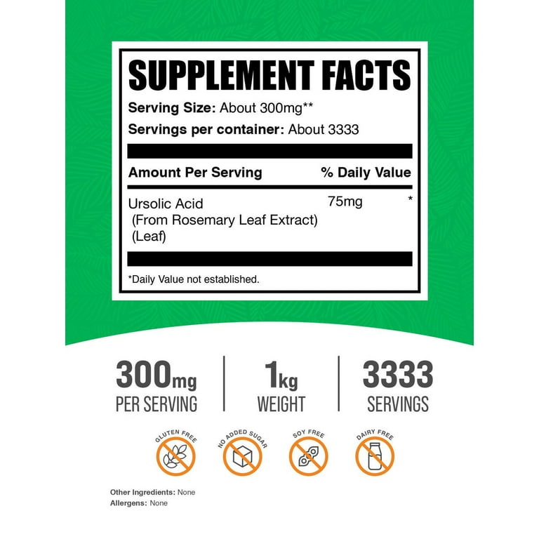 BulkSupplements Ursolic Acid Powder - from Rosemary Leaf Extract, Vegan,  125mg per Serving, 1kg (2.2 lbs) - Walmart.com
