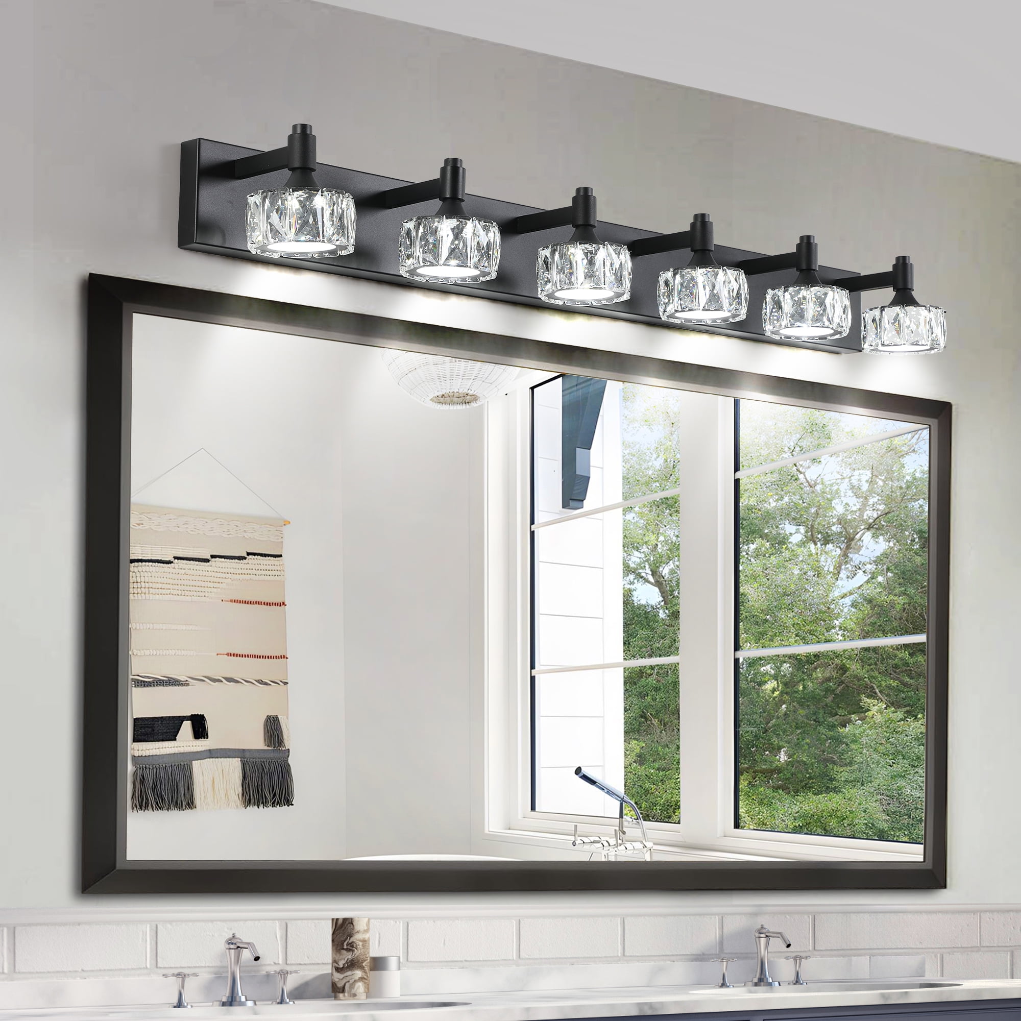 Crystal Vanity Lights for Bathroom,6 Light Bathroom Vanity Light, Modern 43.9in Light Over Mirror Light Fixtures Matte Black