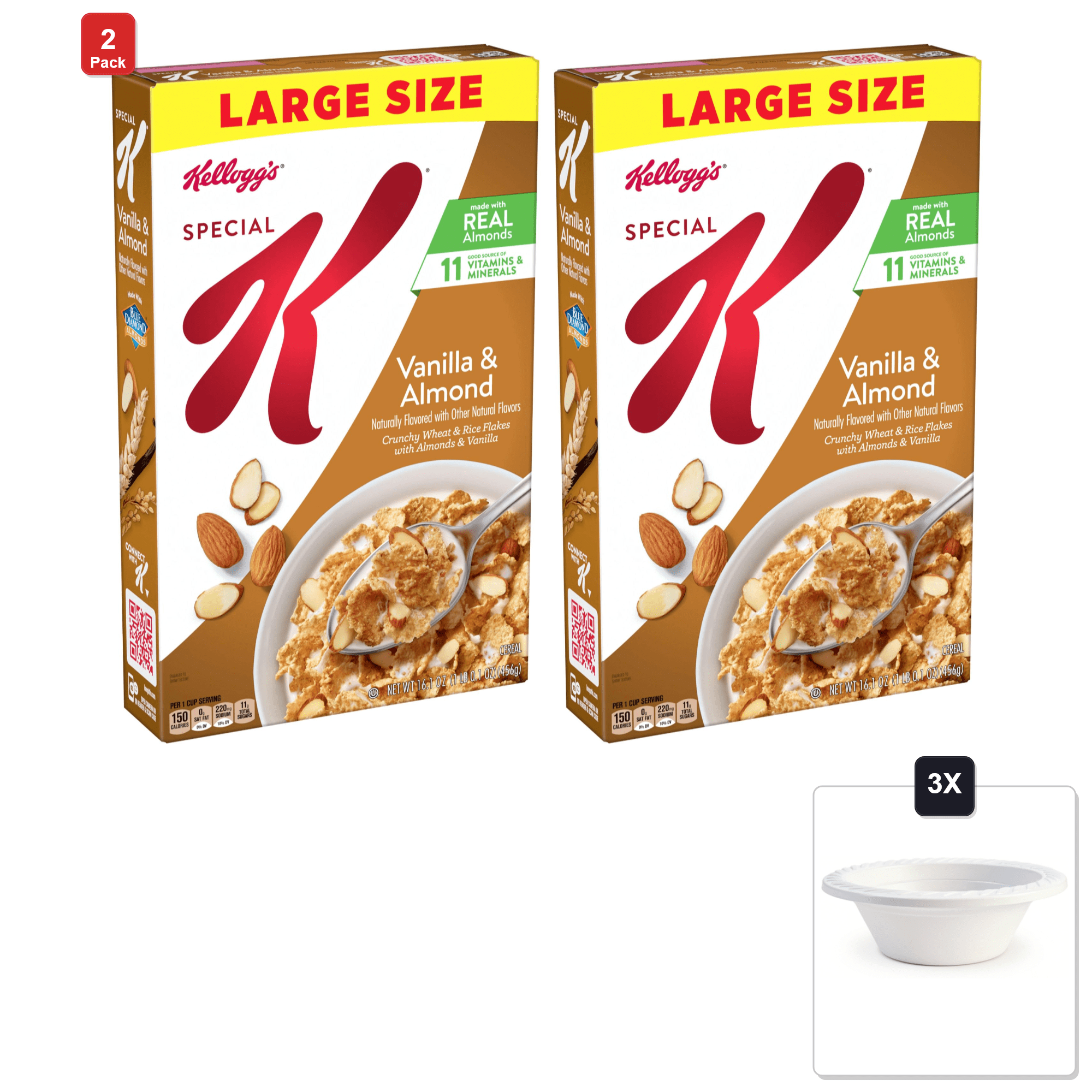 2 Pack | Kelloggs Special K Breakfast Cereal, Vanilla And Almond, 16.1 oz & 3x 12oz Disposable Plastic Bowl