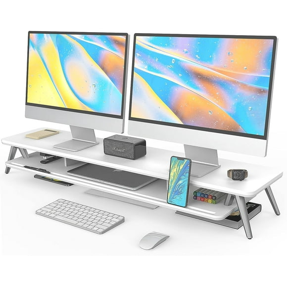 Dual Monitor Stand with Storage Organizer and Cable Management, 42.5-Inch Wooden Desk Shelf for Office Use (White)