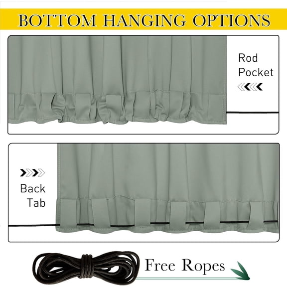 2 Panels Outdoor Curtains for Waterproof 108 inches Long, Windproof Thermal Insulated Top & Bottom Pocket & Back Tab Blackout Drapes with Rope for Fixed, Sage Green, W52 x L108