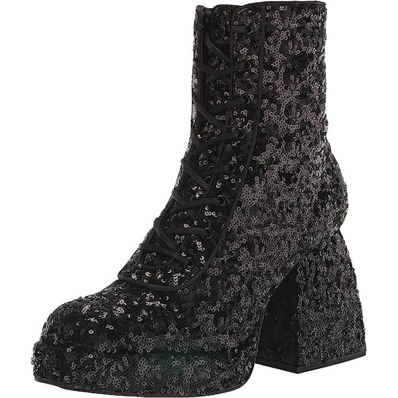Circus By Sam Edelman Kia Sequin Black Lace Up Side Zip Block Heel Ankle Boots (Black, 5.5)