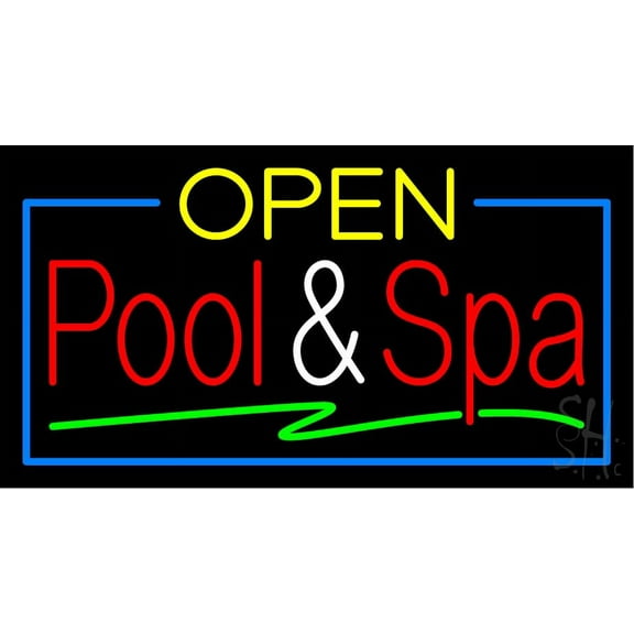 Open Pool and Spa LED Neon Sign 13 x 24 - inches, Black Square Cut Acrylic Backing, with Dimmer - Bright and Premium built indoor LED Neon Sign for Spa interior decor and storefront.