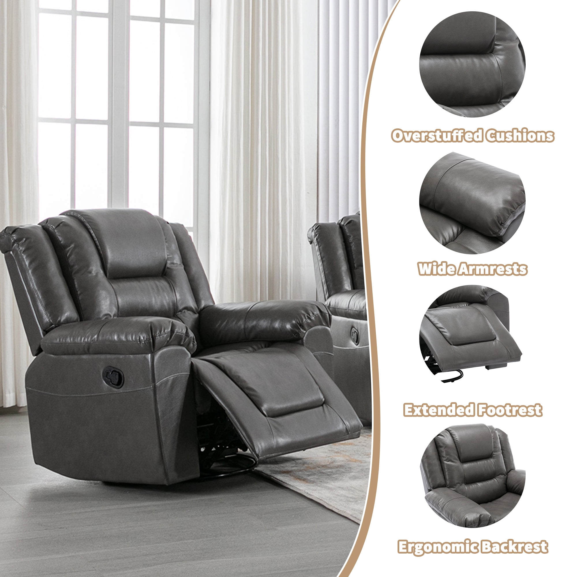 Euroco 360°Swivel and Rocking Home Theater Recliner Manual Recliner Chair with Wide Armrest for Living Room,Bedroom, Grey