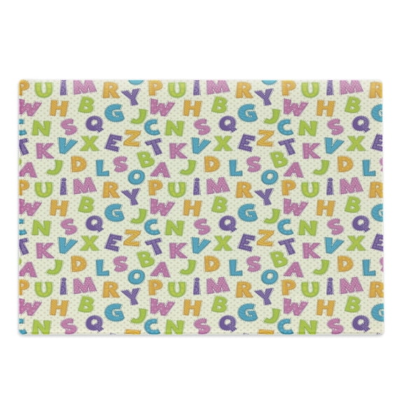 ABC Cutting Board, Funny Letters in Lively Colors Cartoon Style ABC Alphabet on Polka Dots Backdrop, Decorative Tempered Glass Cutting and Serving Board, Large Size, Multicolor, by Ambesonne