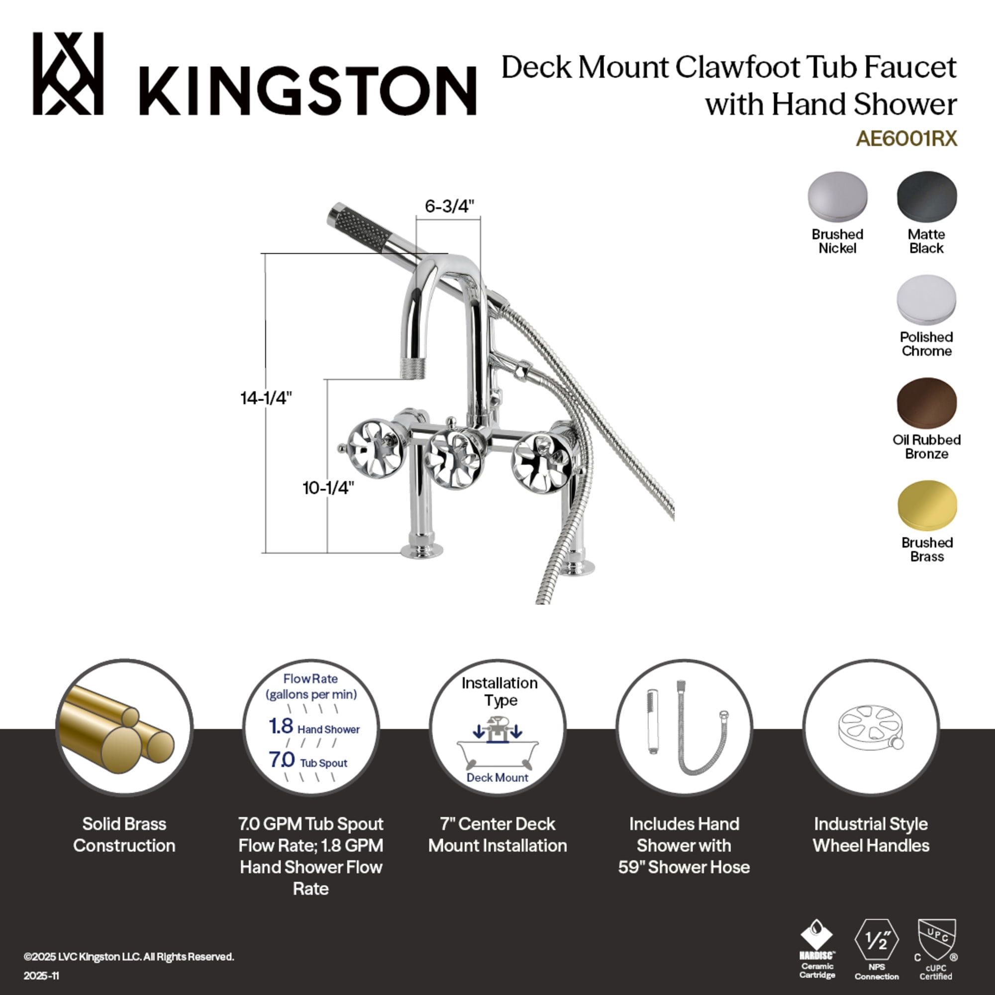 Kingston Brass AE6007RX Belknap 7" Center Deck-Mount Clawfoot Tub Faucet with Hand Shower, Brushed Brass