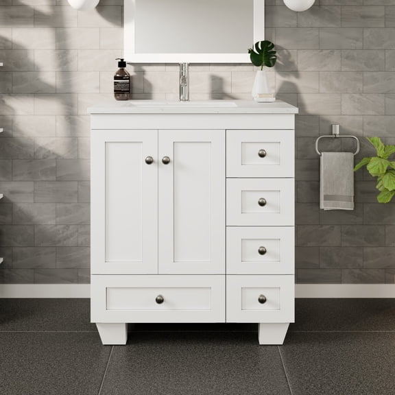 Eviva Happy 28" x 18" Transitional White Bathroom Vanity with White Carrara Quartz Countertop