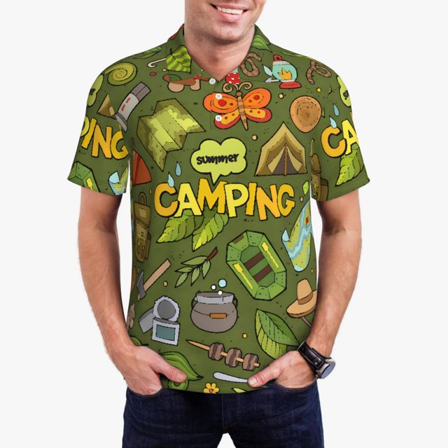 Fotbe Camping 1 Camiseta Polo de Golf para Hombre con Estampado – Camisa Deportiva Transpirable con Cuello Abotonado-X-Large