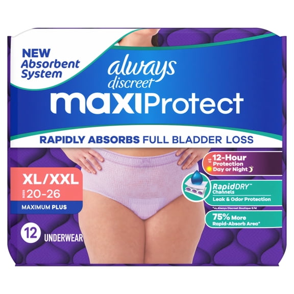 Always Discreet MaxiProtect, Adult Diapers for Women, Incontinence Underwear, Maximum Plus Absorbency, Size XL/XXL, 12 Count