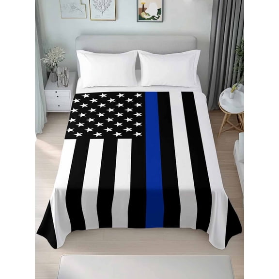 Blue American Flag Full Size Flat Sheet, Wrinkleproof & Fadeproof Cooling Flat Bed Sheet Only, Black White Striped US Flag Stars Breathable Soft Bedding Top Sheets 81 x 96 Inches