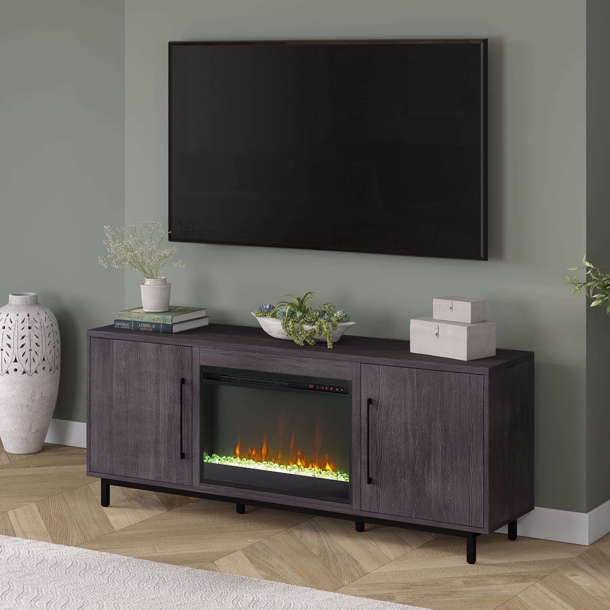 Evelyn&Zoe Julian Rectangular TV Stand with 26" Crystal Fireplace for TV's up to 75", Charcoal Gray