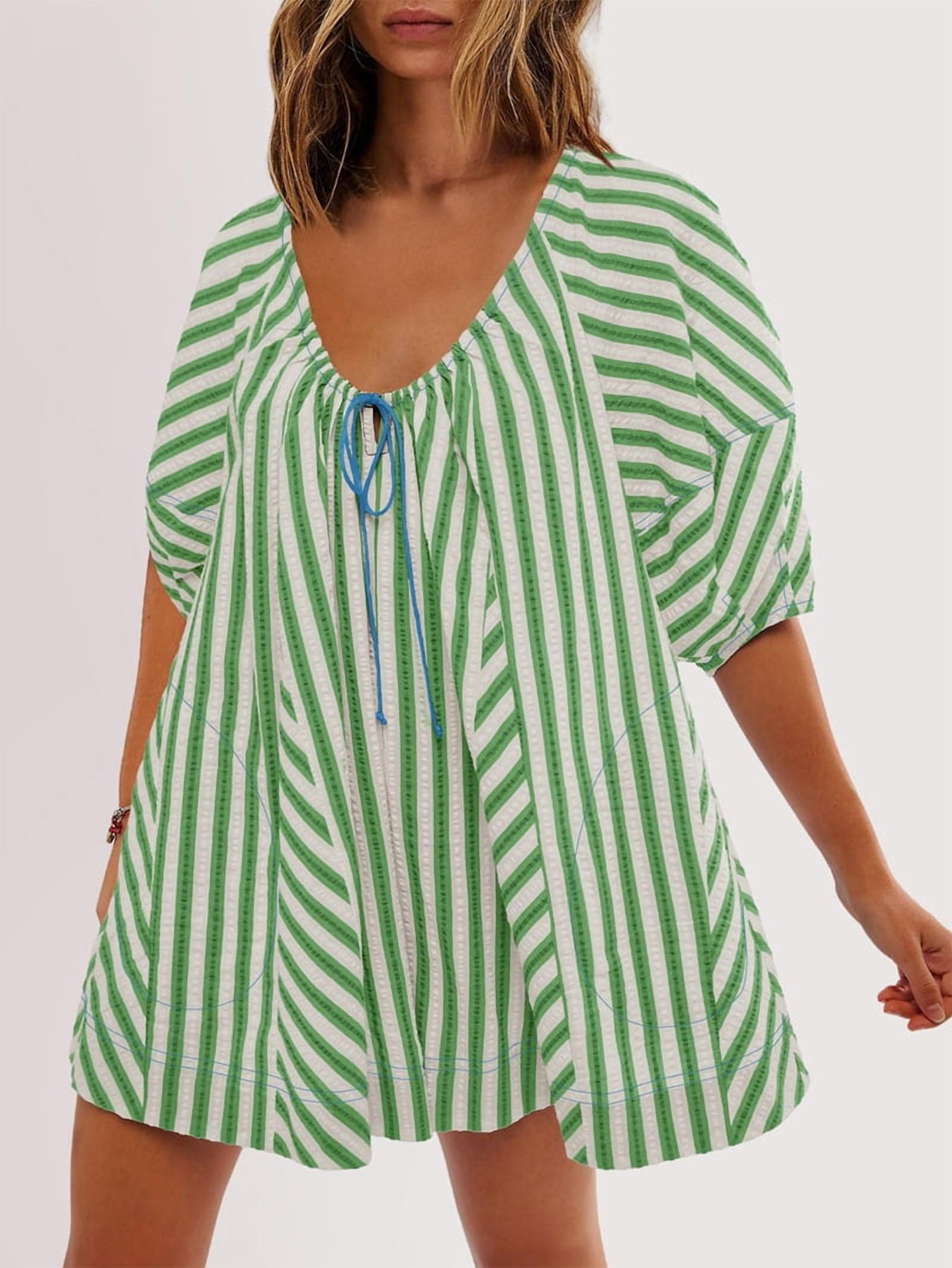 Womens Oversized Striped Romper Dress Shorts Jumpsuit Beach Vacation Clothes with Pockets
