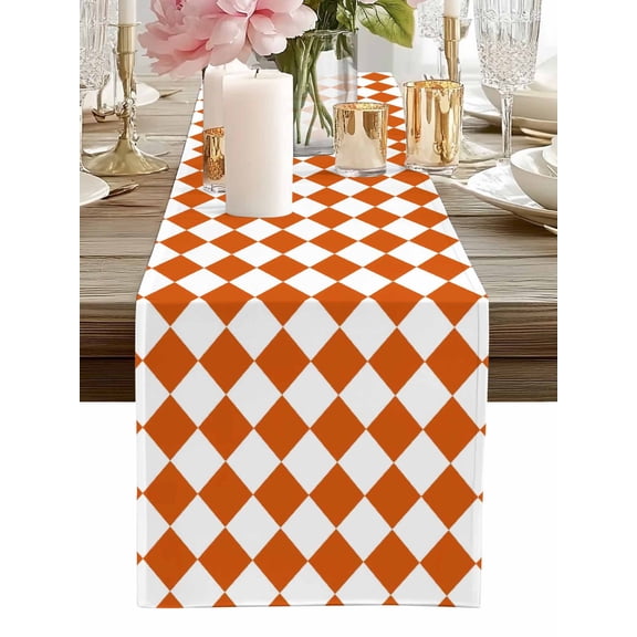 Table Runner Orange Diamond Plaid Table Runners White Geometric Check Cotton Linen Dresser Scarf Kitchen Dining Table Decor for Home Dinner Party Decor 13x90 Inch