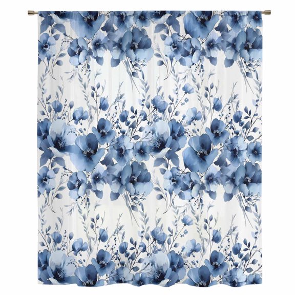 Blue Floral Sheer Curtains 96 Inches Long, Vintage Farmhouse Garden Flower Leaves Light Filering Curtains, Privacy Drapes Simi Floor to Veiling Curtain for Living Room Bedroom Large Window Treatment