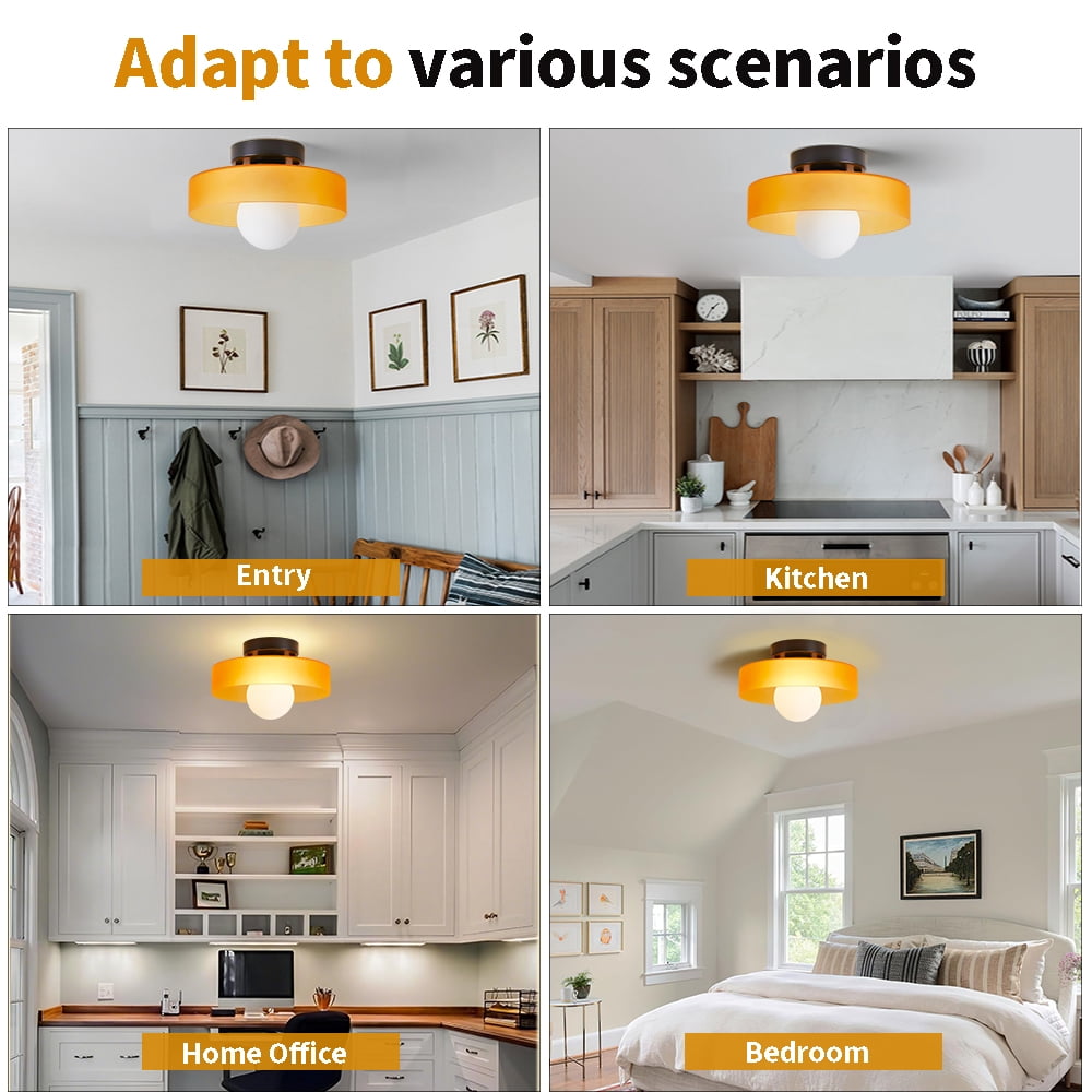Mid-Century Modern Semi Flush Mount Ceiling Light, Kitchen Ceiling Light Fixture with Glass Shade,Vintage Close to Ceiling Lamp for Entryway Hallway Bathroom