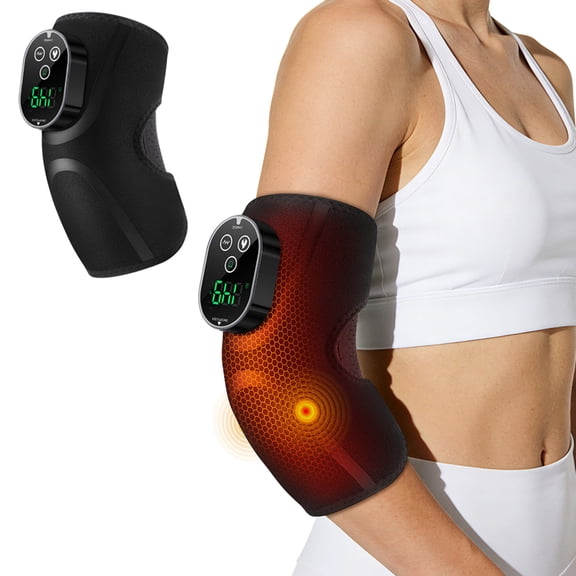 Elbow Heating Pad with Massage, Elbow Massager for Tennis Elbow, Cordless Heated Elbow Brace with 5 Heat & 3 Vibration, Rechargeable Electric Heating Pad for Arm 3000mAh Battery, Black