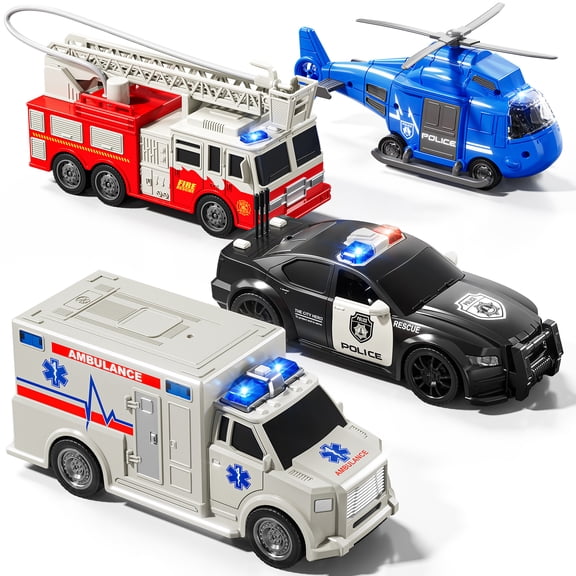 4-in-1 Emergency Rescue Vehicles Toy Set - Friction Powered Police Car, Fire Truck, Ambulance & Helicopter with Lights & Sounds - Kids Pull Back Toy Cars for Ages 3-12