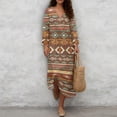 thumbnail image 2 of SCRAWLGOD American Tribal Print Cyan Brown Tunic Dress for Women 3/4 Sleeve V-Neck Lightweight Breathable Midi Linen-Look Dress Beach Oversized Loose Fit Sundress, XXL, 2 of 6