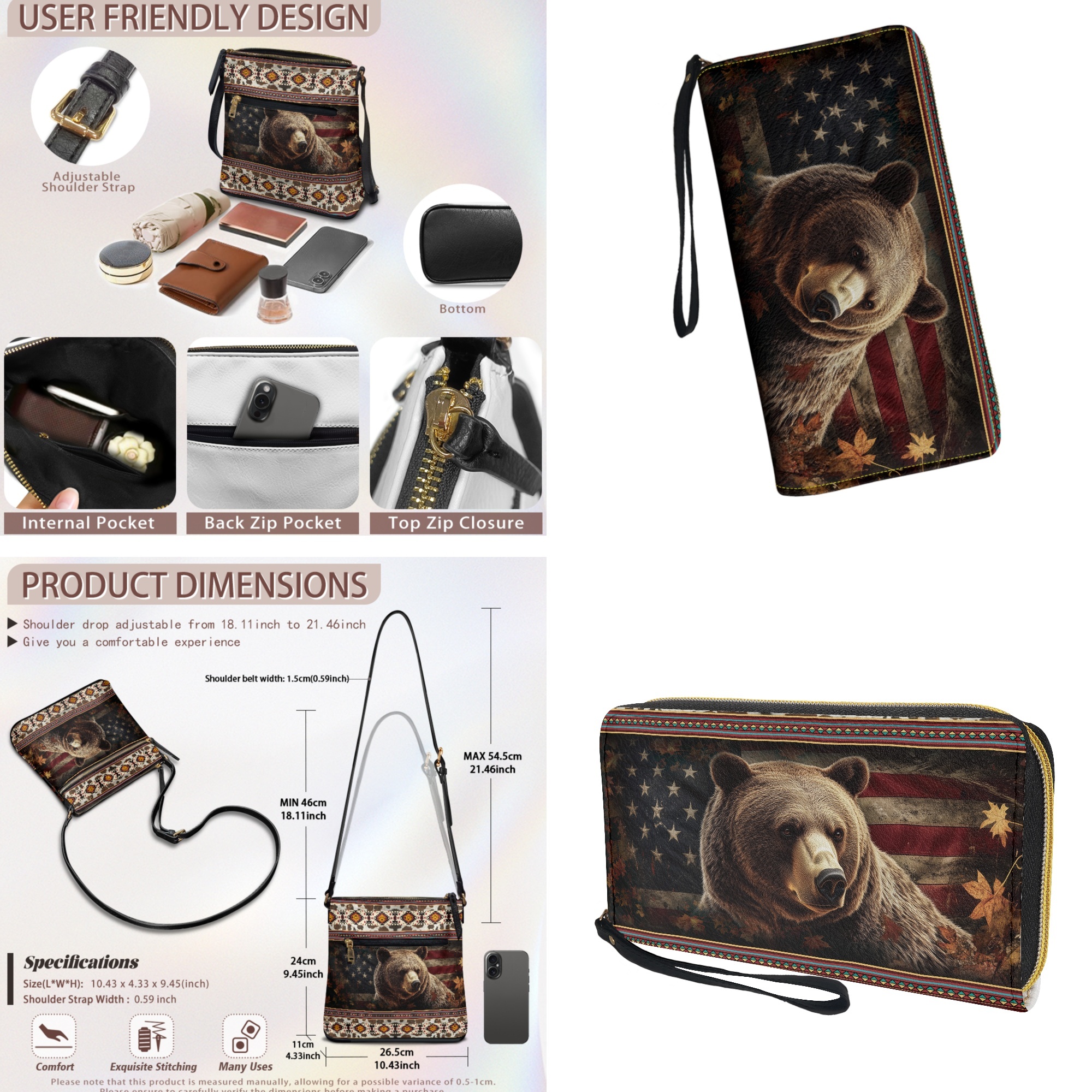 ZUXONGSY Aztec Vintage Bear American Flag Print Ladies Hobo Shoulder Bag Set with Matching Wallet - Waterproof PU Leather Satchel Purse and Wallet for Shopping Work Business Travel Vacation