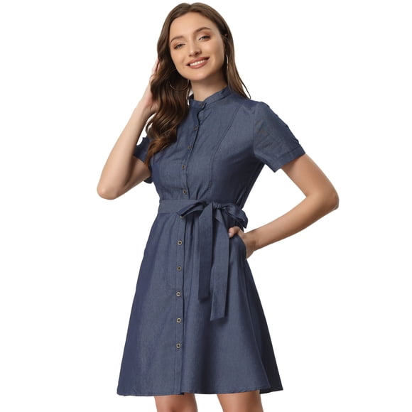 Vestido camisero de mezclilla Allegra K de manga corta con botones y cinturón para mujer Azul Oscuro L