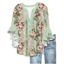Women Floral Printed T-Shirt Summer Peplum Ruffle Sleeve Tops Henley Neck Tee Shirts Button Down Shirts Fltter Hem Loose Fit Tunic Blouse Going Out Beach Vacation Outfits 2025
