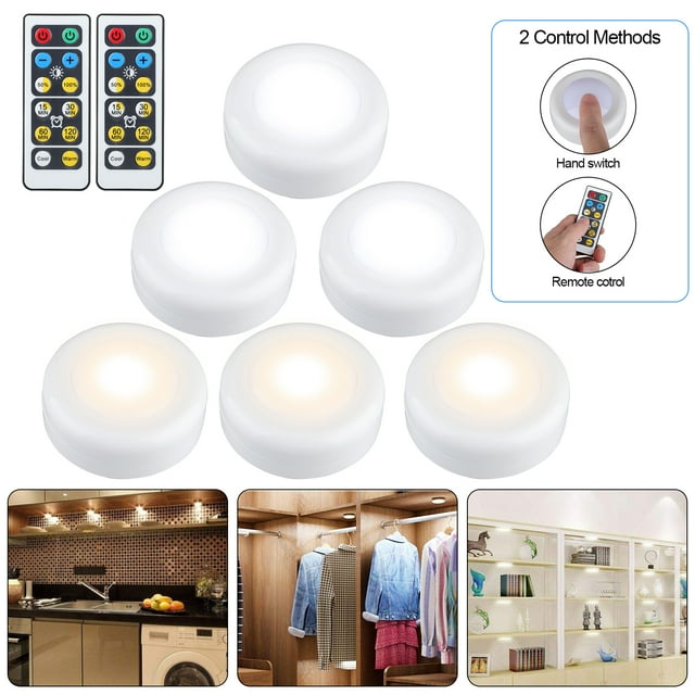 YUNDAP Wireless LED Puck Lights, 6-Pack Dimmable Under Cabinet Counter Lighting Closet Light, Battery Powered Remote Control Night Light Stick On Lights For Kitchen, Closet, Cabinet, Bookcase