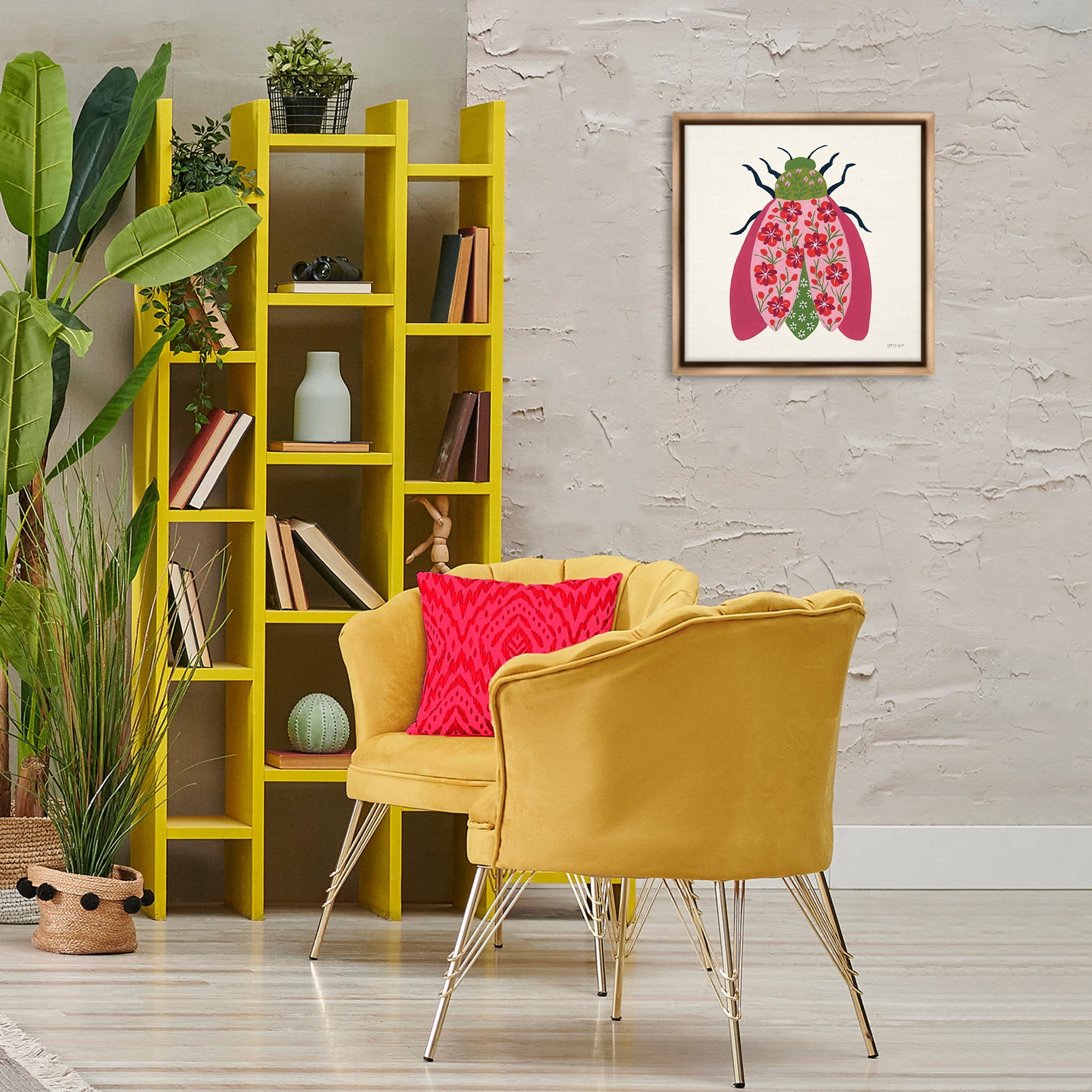 Stupell Industries Pink & Green Blooming Beetle Insects Painting Brown Floater Framed Canvas Art Print Wall Art, 18 x 18