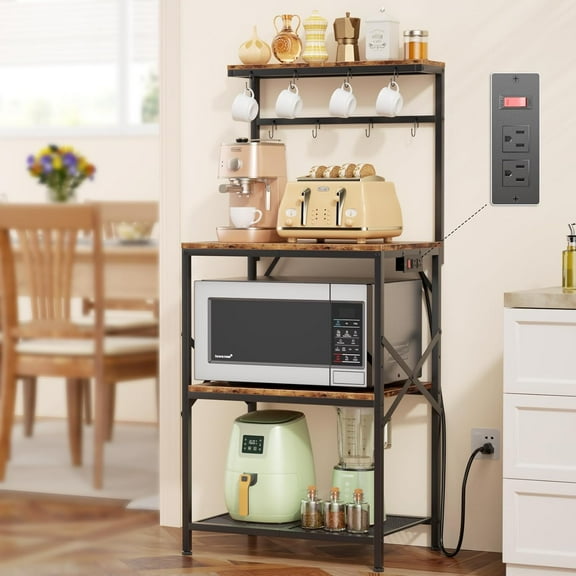 Kitchen Bakers Rack with Power Outlet, Small Coffee Bar Cart 4 Tiers, Microwave Stand Station with 8 S Hooks, Adjustable Shelf, Freestanding Kitchen Appliance Organizer, Rustic Brown