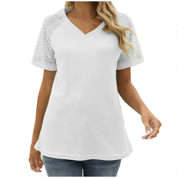 fatyb Womens Tops Summer Lace Short Sleeve Patchwork V Neck Tunic Shirts Casual Pullover Loose Blouses