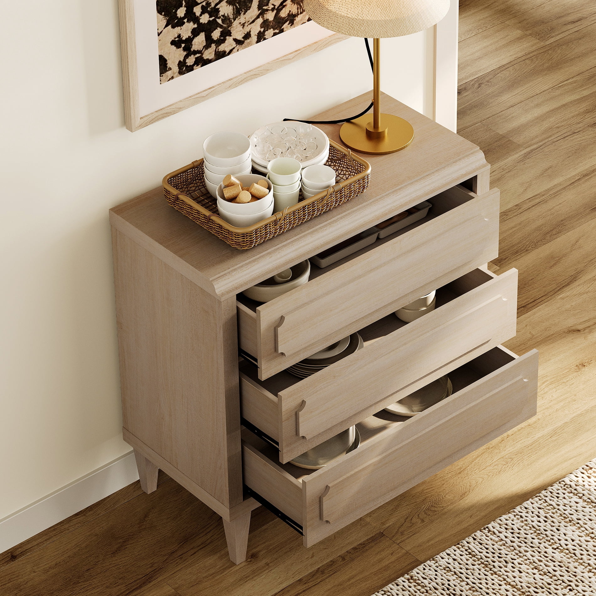 Oak Modern TV Stand for 55 Inch TVs, Wood Entertainment Center with 3 Drawers Storage for Living Room Bedroom