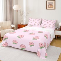 Homewish Cute Peach Twin Sheet Sets,Sweet Fruit Twin Fitted Sheet,Pink Green Flat Sheet For Girls Kids,Luxury Bedroom Decor,3-Piece