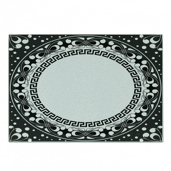 Greek Key Cutting Board, Black and White Pattern of Spirals Swirls and Chains with Circle and Little Dots, Decorative Tempered Glass Cutting and Serving Board, Small Size, Black White, by Ambesonne