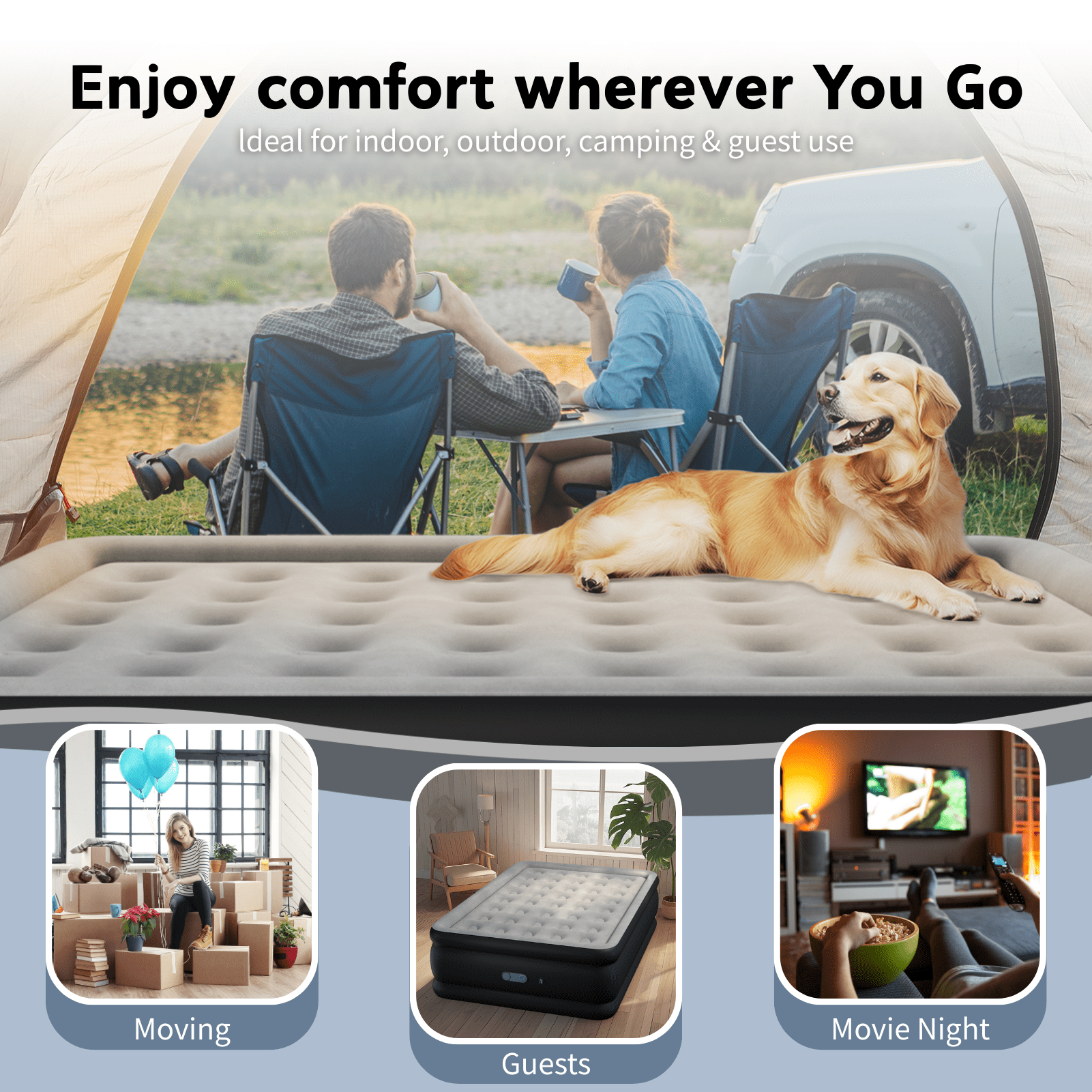Queen 22" Top Flocking Air Mattress with Built-in Pump Raised Comfort,Fast Inflation/Deflation Foldable Portable Air Bed with Storage Bag for Home,Camping,Guests Grey