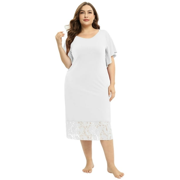 EFINNY Women's Plus Size Nightgowns Short Sleeve Lace Panels Sleepwear Round Neck Flutter Sleeve