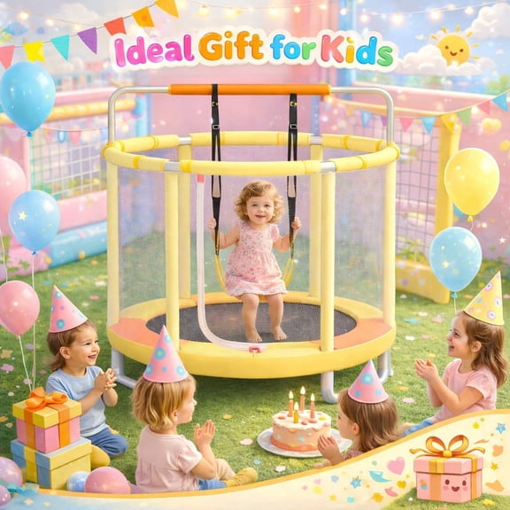 Betcozy 55" Kids Trampoline with Enclosure Net, 440LBS Heavy Duty Toddler Trampoline, 4-in-1 Indoor Outdoor Play Center with Gymnastic Bar & Swing, Stable U-Shaped Legs, Yellow