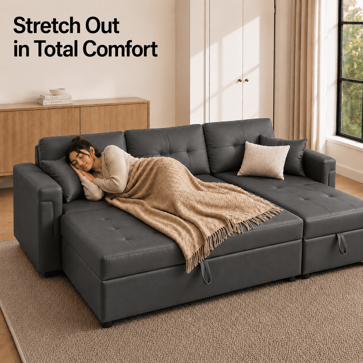2-in-1 Pull-Out Sleeper Sofa Bed with Hidden Storage, Premium Air Leather Couch for Small Spaces, Apartments & Living Rooms, Dark Gray