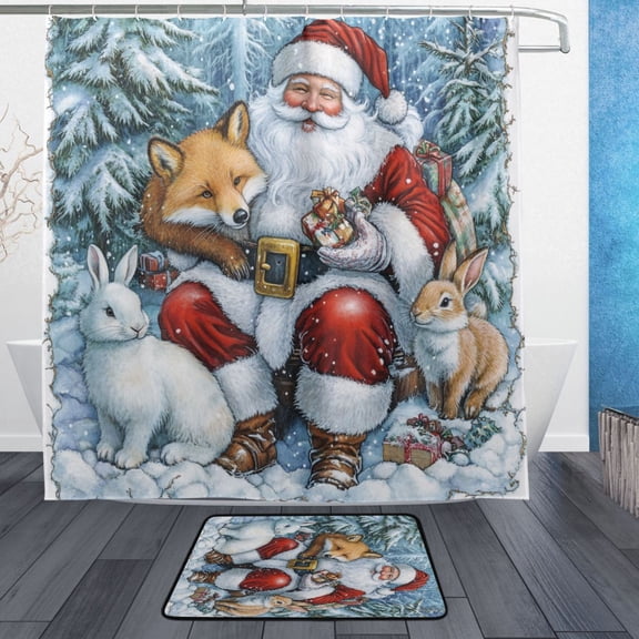 BZSMCE Shower Curtain and Bath Accessory Set,Santa's Woodland Friends Pattern