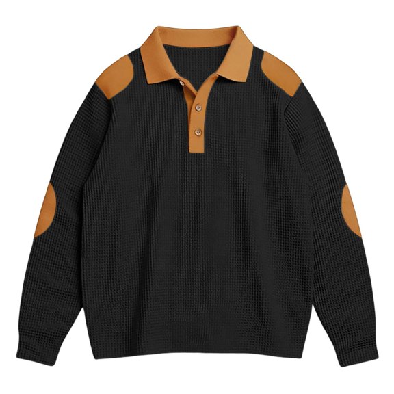 Men's Polo Shirt Long Sleeve Waffle Polo Tees Loose Fit Black Men's T-Shirts
