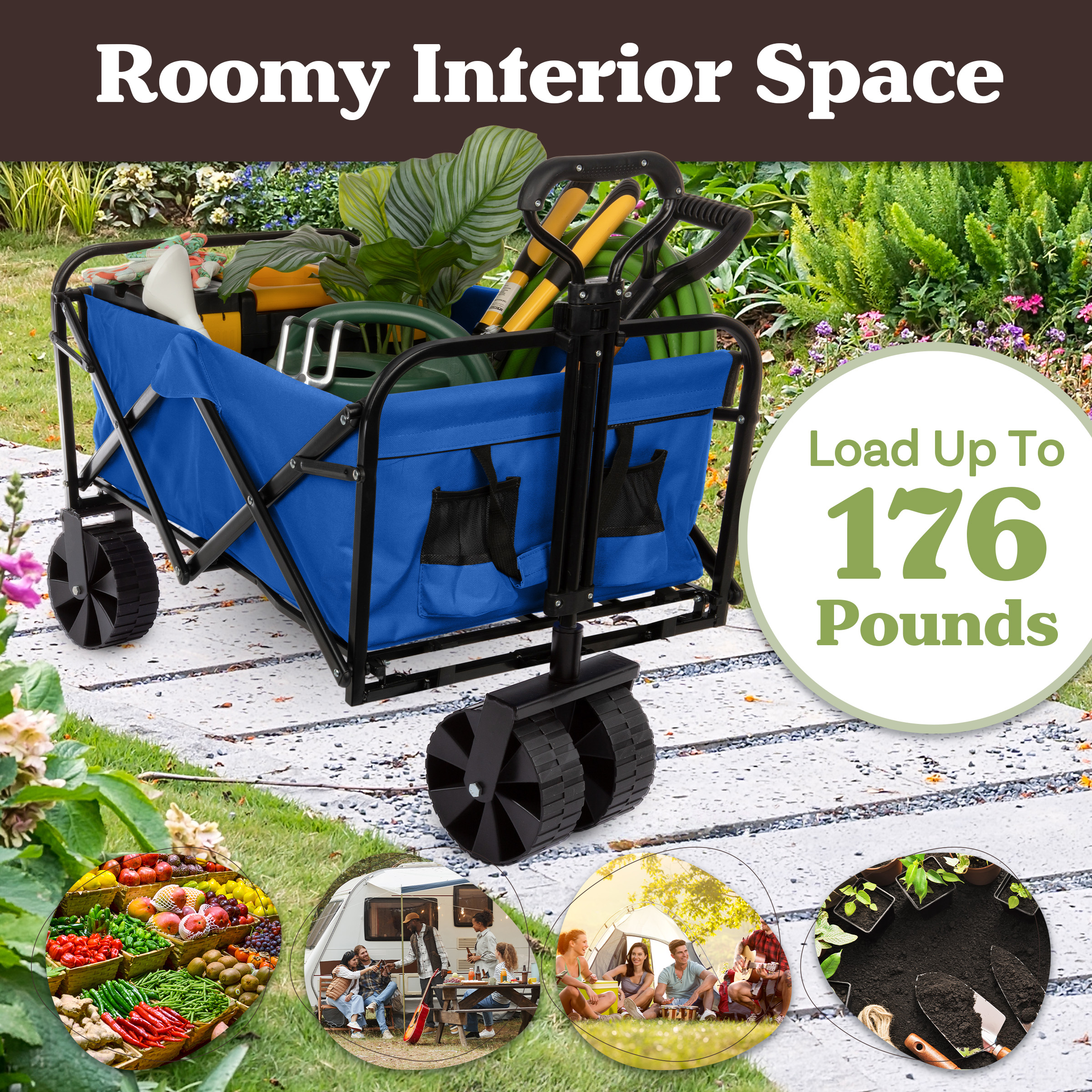 Wakeman Outdoors Collapsible Portable Wagon on Wide Wheels - Garden Cart, Grocery,  or Beach, Blue