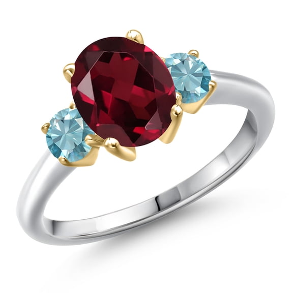 Gem Stone King 10K Two Tone Gold Red Rhodolite Garnet and Blue Zircon Engagement Ring for Women | 3.00 Cttw | Oval 9X7MM | Gemstone January Birthstone | Size 5