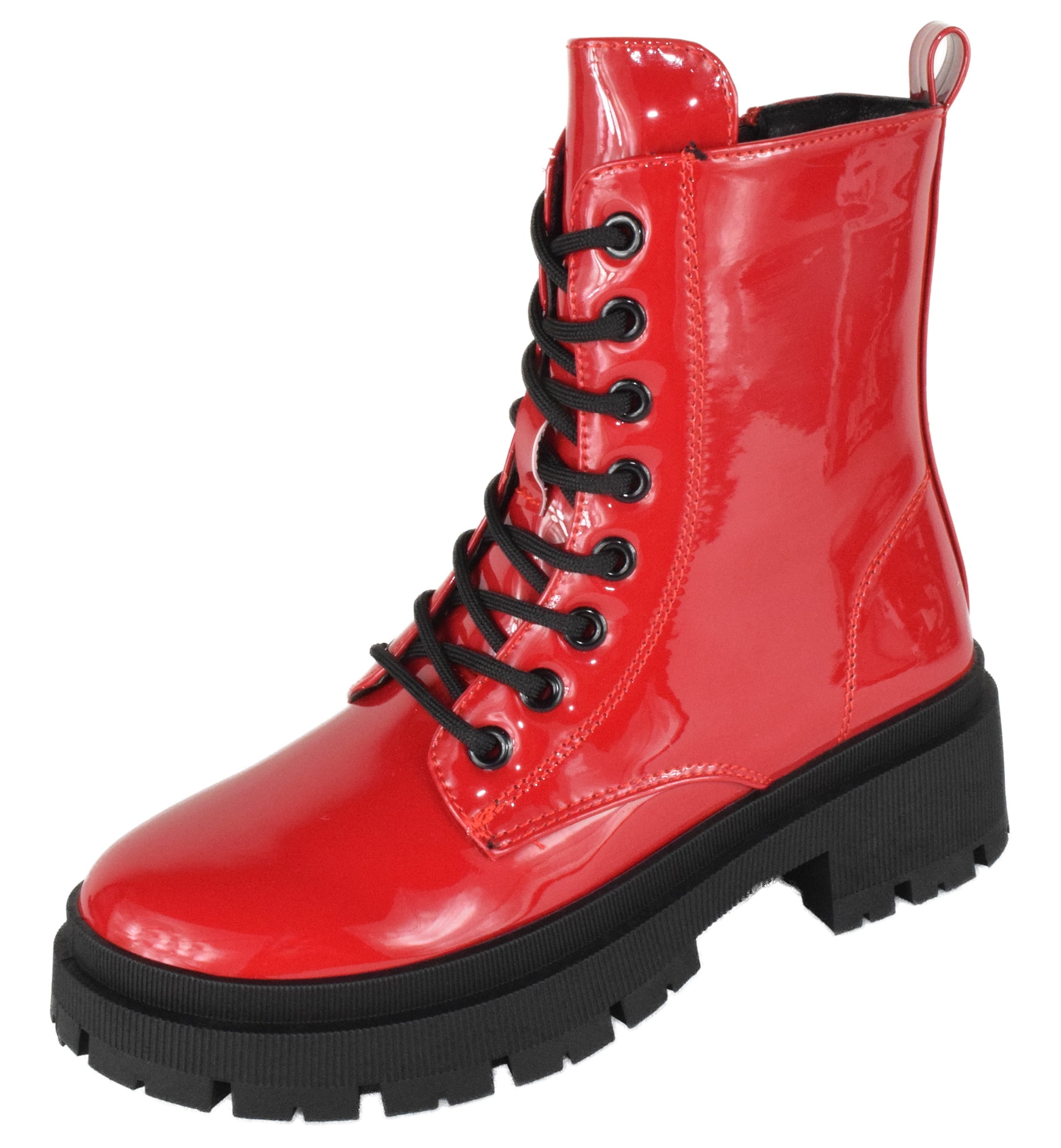 Top Moda Women Combat Army Style Boots Lace Up Side Zipper Lug Sole  Platform Booties Hot Red Patent 8 - Walmart.com