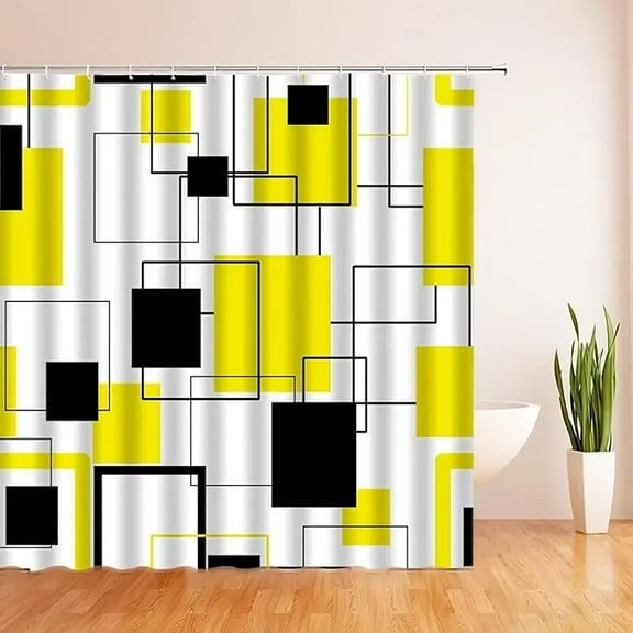 Yellow Black Geometric Shower Curtain Set Abstract Checkered Stripe Modern Design Art Bathroom Curtains With Hooks Bathroom Shower Curtains 36"W x 72"L