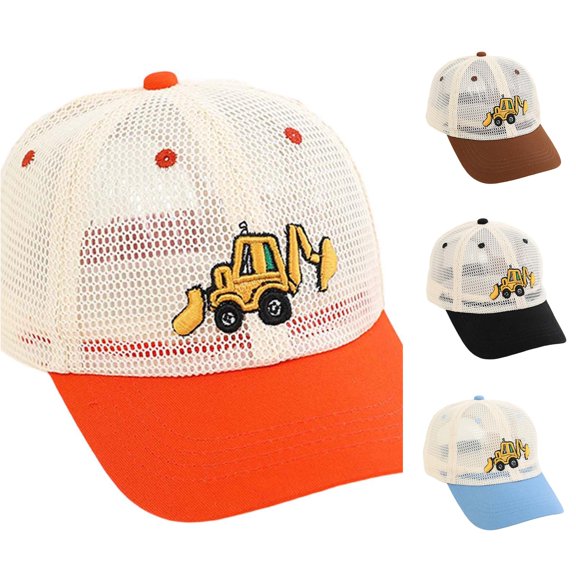 XFeng Excavator Embroidery Full Mesh Kids Baseball Cap, Two Tone Beige Mesh Black Brim Breathable Toddler Boys Sun Hat