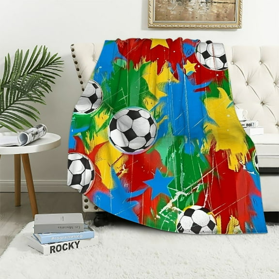 Creowell Soccer Throw Blanket Black White Football Blanket for Couch Sofa, Sports Theme Colorful Tie Dye Bed Blanket for Kids Boys Teens, Soft and Breathable Blanket
